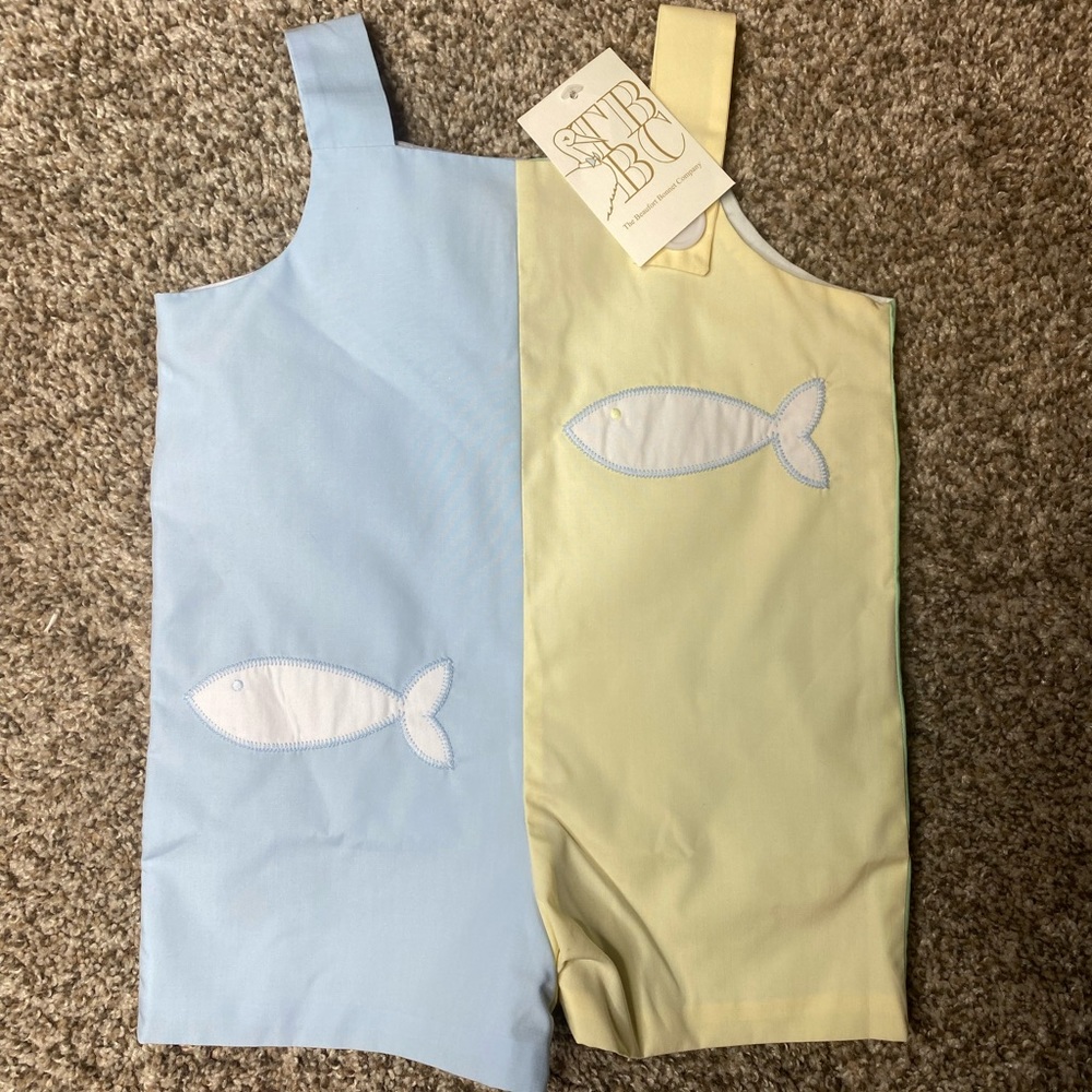 NWT The Beaufort Bonnet Company Colorblock Fish Romper Green Blue Size 6-12